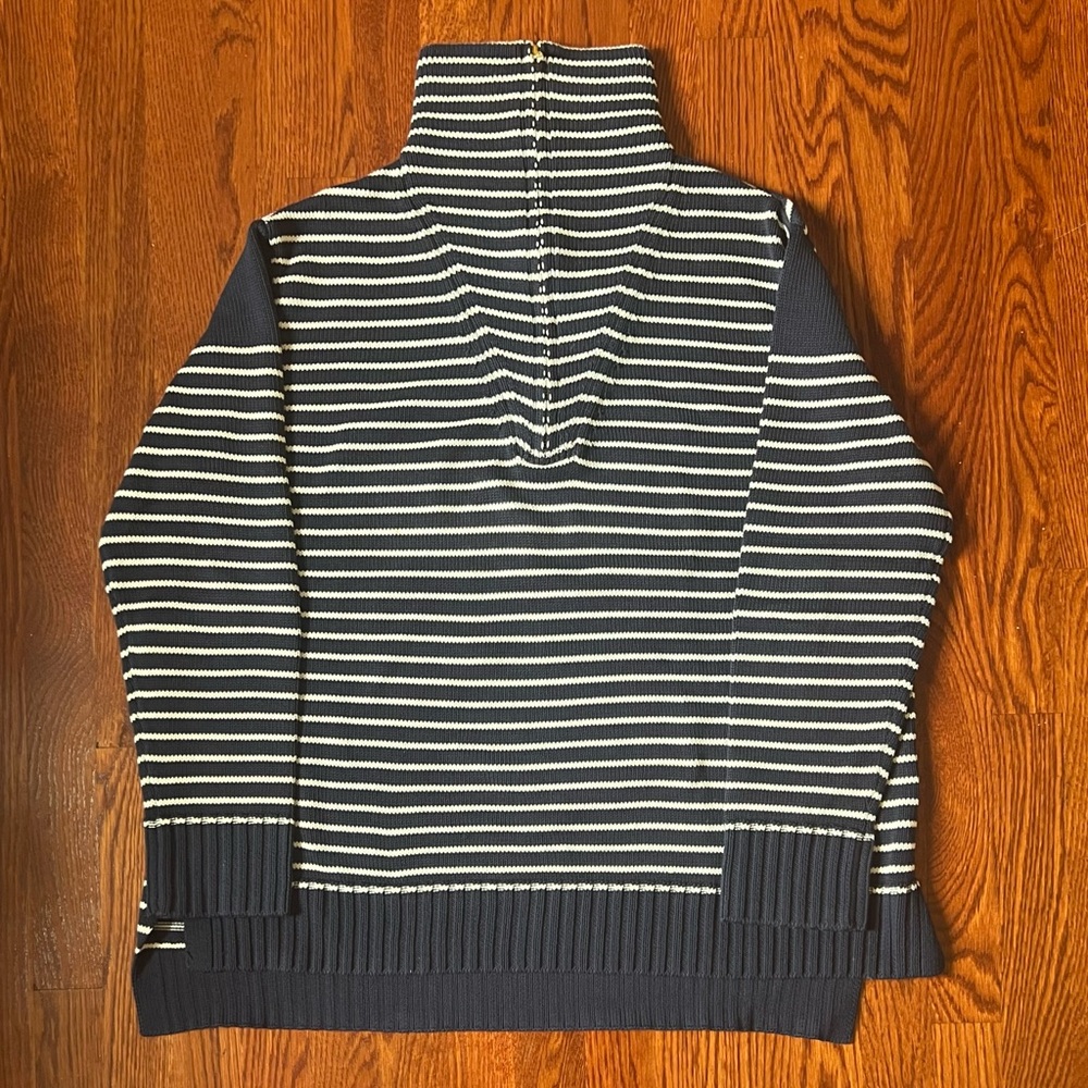 Tuckernuck Navy and White Stripe Hartwell Quarter Zip Sweater, Size XL
